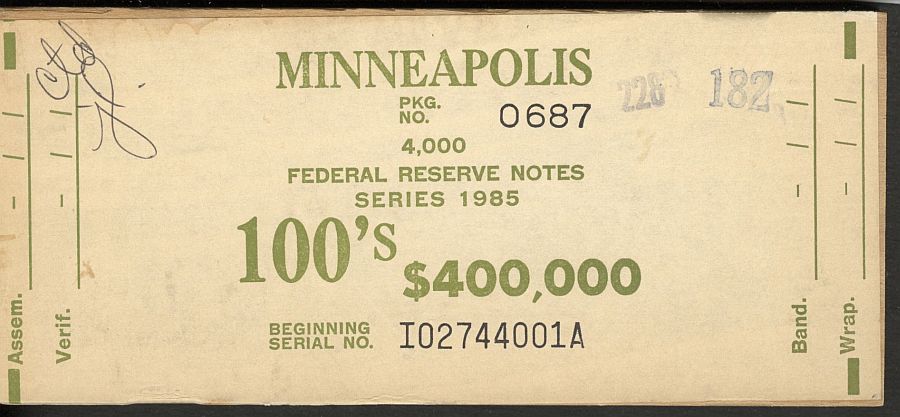 Fr.2171-I, BEP $400,000 Brick Packaging Label, 1985 Minneapolis $100 FRNs, I-A Block